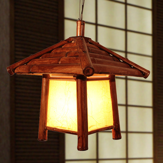 1 Bulb Restaurant Ceiling Light Asian Brown Pendant Lighting Fixture with Tower Wood Shade Clearhalo 'Ceiling Lights' 'Pendant Lights' 'Pendants' Lighting' 380628