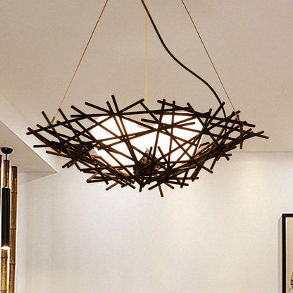 Nest Chandelier Lighting Japanese Bamboo 18"/22" Wide 3 Bulbs Coffee Ceiling Suspension Lamp Coffee Clearhalo 'Ceiling Lights' 'Chandeliers' Lighting' options 380654_08bbac30-72b8-406f-bd97-14f853794874