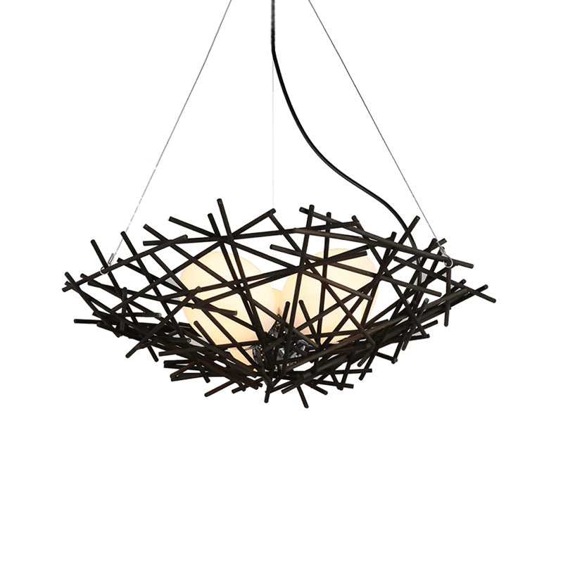 Nest Chandelier Lighting Japanese Bamboo 18"/22" Wide 3 Bulbs Coffee Ceiling Suspension Lamp Clearhalo 'Ceiling Lights' 'Chandeliers' Lighting' options 380656