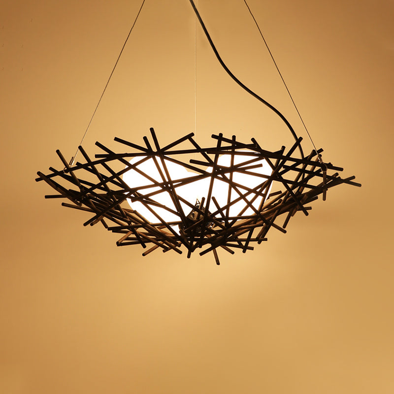 Nest Chandelier Lighting Japanese Bamboo 18"/22" Wide 3 Bulbs Coffee Ceiling Suspension Lamp Clearhalo 'Ceiling Lights' 'Chandeliers' Lighting' options 380657