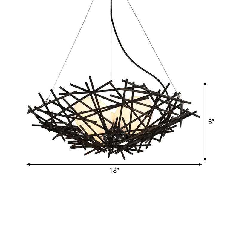 Nest Chandelier Lighting Japanese Bamboo 18"/22" Wide 3 Bulbs Coffee Ceiling Suspension Lamp Clearhalo 'Ceiling Lights' 'Chandeliers' Lighting' options 380658