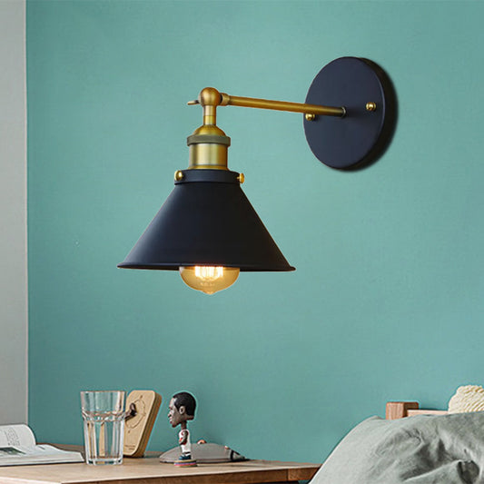 1 Light Conical Wall Mounted Lamp Industrial Style Brass Metal Wall Sconce for Living Room, 7"/10" Width Black Clearhalo 'Art deco wall lights' 'Cast Iron' 'Glass' 'Industrial wall lights' 'Industrial' 'Middle century wall lights' 'Modern' 'Rustic wall lights' 'Tiffany' 'Traditional wall lights' 'Wall Lamps & Sconces' 'Wall Lights' Lighting' 380665