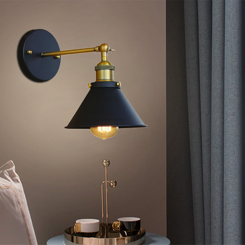 1 Light Conical Wall Mounted Lamp Industrial Style Brass Metal Wall Sconce for Living Room, 7"/10" Width Clearhalo 'Art deco wall lights' 'Cast Iron' 'Glass' 'Industrial wall lights' 'Industrial' 'Middle century wall lights' 'Modern' 'Rustic wall lights' 'Tiffany' 'Traditional wall lights' 'Wall Lamps & Sconces' 'Wall Lights' Lighting' 380666