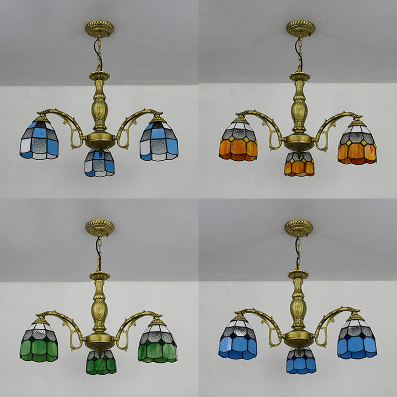 Brass Finish Dome Chandelier Light with Adjustable Chain Vintage 3 Lights Hanging Light in Orange/Green/Clear/Blue Clearhalo 'Ceiling Lights' 'Chandeliers' 'Clear' 'Industrial' 'Middle Century Chandeliers' 'Modern' 'Tiffany Chandeliers' 'Tiffany close to ceiling' 'Tiffany' 'Traditional Chandeliers' Lighting' 38071