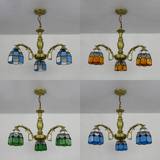 Brass Finish Dome Chandelier Light with Adjustable Chain Vintage 3 Lights Hanging Light in Orange/Green/Clear/Blue Clearhalo 'Ceiling Lights' 'Chandeliers' 'Clear' 'Industrial' 'Middle Century Chandeliers' 'Modern' 'Tiffany Chandeliers' 'Tiffany close to ceiling' 'Tiffany' 'Traditional Chandeliers' Lighting' 38071