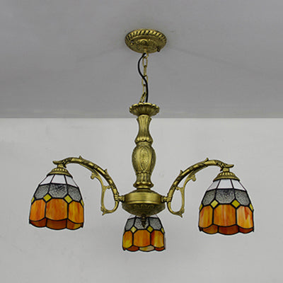 Brass Finish Dome Chandelier Light with Adjustable Chain Vintage 3 Lights Hanging Light in Orange/Green/Clear/Blue Orange Clearhalo 'Ceiling Lights' 'Chandeliers' 'Clear' 'Industrial' 'Middle Century Chandeliers' 'Modern' 'Tiffany Chandeliers' 'Tiffany close to ceiling' 'Tiffany' 'Traditional Chandeliers' Lighting' 38075