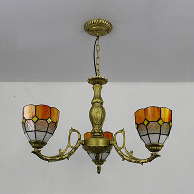 Brass Finish Dome Chandelier Light with Adjustable Chain Vintage 3 Lights Hanging Light in Orange/Green/Clear/Blue Clearhalo 'Ceiling Lights' 'Chandeliers' 'Clear' 'Industrial' 'Middle Century Chandeliers' 'Modern' 'Tiffany Chandeliers' 'Tiffany close to ceiling' 'Tiffany' 'Traditional Chandeliers' Lighting' 38076