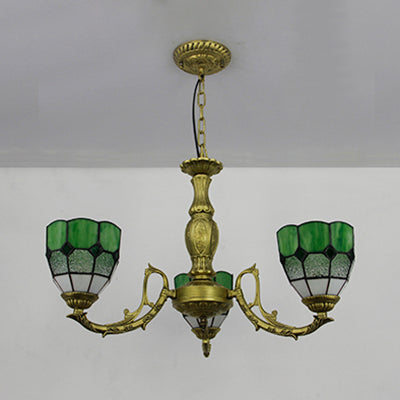 Brass Finish Dome Chandelier Light with Adjustable Chain Vintage 3 Lights Hanging Light in Orange/Green/Clear/Blue Clearhalo 'Ceiling Lights' 'Chandeliers' 'Clear' 'Industrial' 'Middle Century Chandeliers' 'Modern' 'Tiffany Chandeliers' 'Tiffany close to ceiling' 'Tiffany' 'Traditional Chandeliers' Lighting' 38079