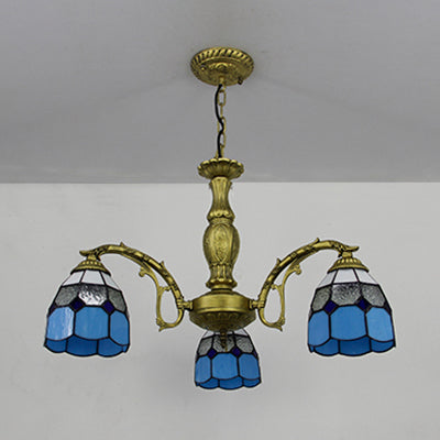 Brass Finish Dome Chandelier Light with Adjustable Chain Vintage 3 Lights Hanging Light in Orange/Green/Clear/Blue Blue Clearhalo 'Ceiling Lights' 'Chandeliers' 'Clear' 'Industrial' 'Middle Century Chandeliers' 'Modern' 'Tiffany Chandeliers' 'Tiffany close to ceiling' 'Tiffany' 'Traditional Chandeliers' Lighting' 38080