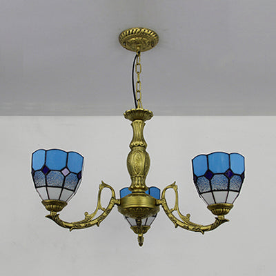 Brass Finish Dome Chandelier Light with Adjustable Chain Vintage 3 Lights Hanging Light in Orange/Green/Clear/Blue Clearhalo 'Ceiling Lights' 'Chandeliers' 'Clear' 'Industrial' 'Middle Century Chandeliers' 'Modern' 'Tiffany Chandeliers' 'Tiffany close to ceiling' 'Tiffany' 'Traditional Chandeliers' Lighting' 38081