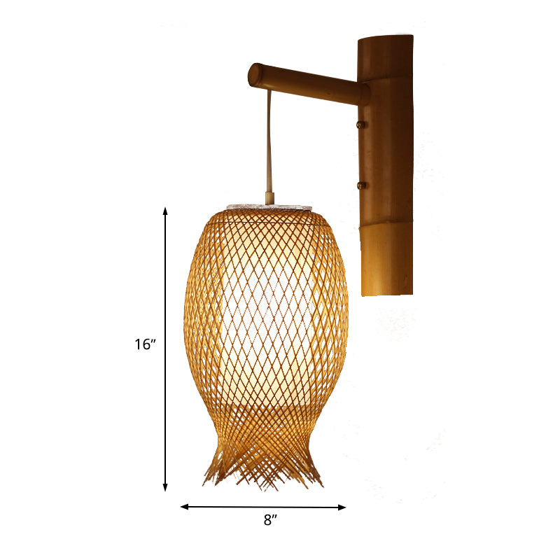 Bamboo Handcrafted Sconce Light Asia 1 Head Khaki Wall Mount Lighting with Inner Tube White Parchment Shade Clearhalo 'Wall Lamps & Sconces' 'Wall Lights' Lighting' 380872