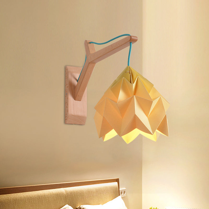 Domed Shade Paper Wall Mounted Lamp Macaron 1 Head White/Pink/Yellow/Blue/Green Sconce Light Fixture with Wood Backplate Yellow Clearhalo 'Modern wall lights' 'Modern' 'Vanity Lights' 'Wall Lights' Lighting' 380880