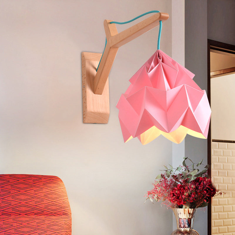 Domed Shade Paper Wall Mounted Lamp Macaron 1 Head White/Pink/Yellow/Blue/Green Sconce Light Fixture with Wood Backplate Pink Clearhalo 'Modern wall lights' 'Modern' 'Vanity Lights' 'Wall Lights' Lighting' 380884