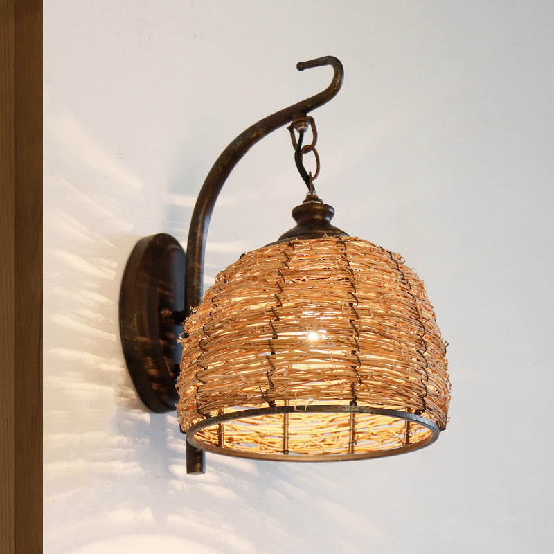 1 Bulb Domed Wall Lighting Japanese Rattan Sconce Light Fixture in Flaxen with Metal Curved Arm Clearhalo 'Wall Lamps & Sconces' 'Wall Lights' Lighting' 380899
