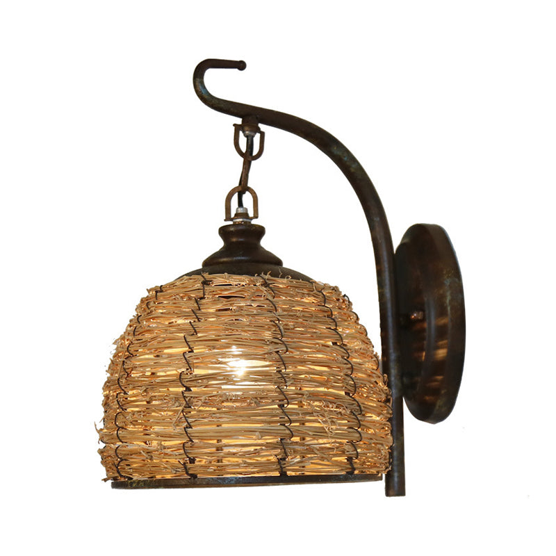 1 Bulb Domed Wall Lighting Japanese Rattan Sconce Light Fixture in Flaxen with Metal Curved Arm Clearhalo 'Wall Lamps & Sconces' 'Wall Lights' Lighting' 380900