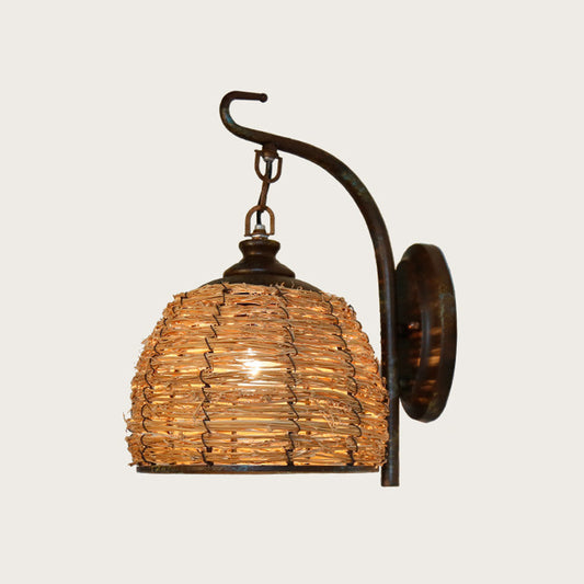 1 Bulb Domed Wall Lighting Japanese Rattan Sconce Light Fixture in Flaxen with Metal Curved Arm Clearhalo 'Wall Lamps & Sconces' 'Wall Lights' Lighting' 380901