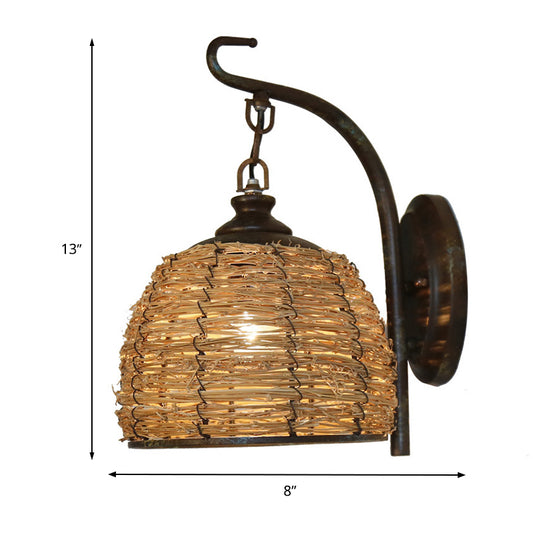 1 Bulb Domed Wall Lighting Japanese Rattan Sconce Light Fixture in Flaxen with Metal Curved Arm Clearhalo 'Wall Lamps & Sconces' 'Wall Lights' Lighting' 380902