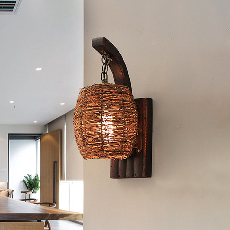 1 Bulb Dining Room Wall Lamp Asian Brown Sconce Light Fixture with Lantern Bamboo Shade Brown Clearhalo 'Wall Lamps & Sconces' 'Wall Lights' Lighting' 380903