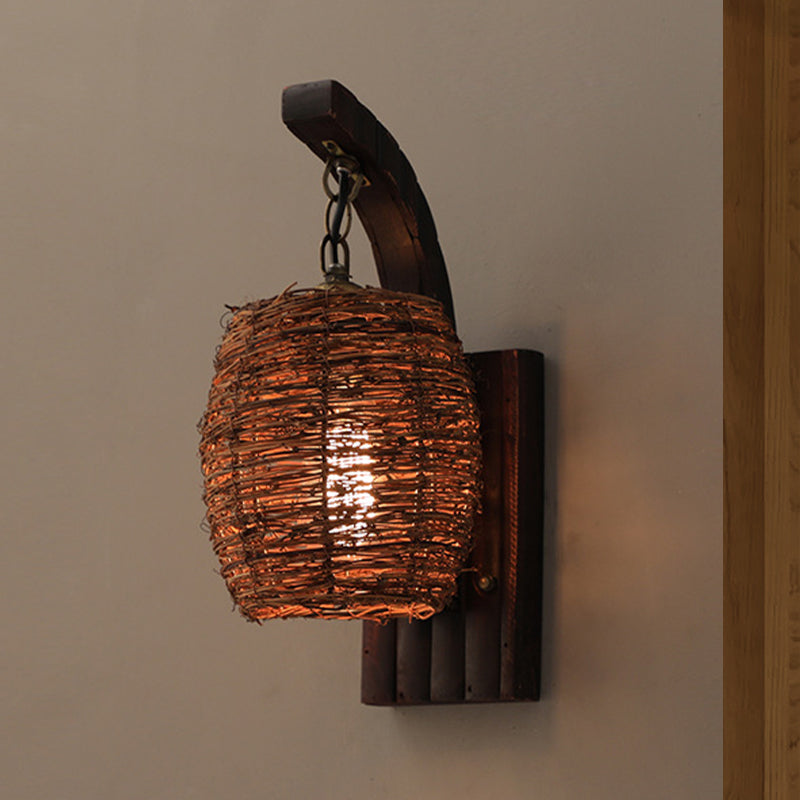 1 Bulb Dining Room Wall Lamp Asian Brown Sconce Light Fixture with Lantern Bamboo Shade Clearhalo 'Wall Lamps & Sconces' 'Wall Lights' Lighting' 380904