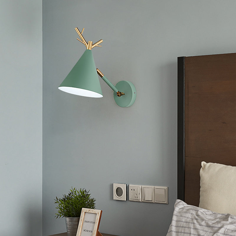 Simple Cone Wall Light Fixture 1 Head Wall Lighting Idea with Metal Antler Decoration in Grey/White/Green for Bedside Green Clearhalo 'Cast Iron' 'Glass' 'Industrial' 'Modern wall lights' 'Modern' 'Tiffany' 'Traditional wall lights' 'Vanity Lights' 'Wall Lights' Lighting' 380923
