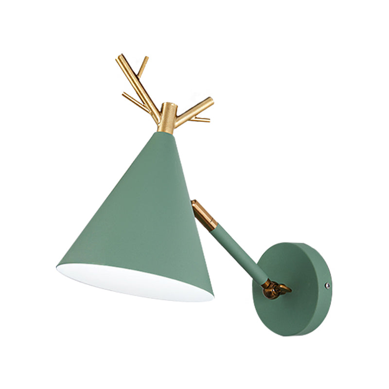 Simple Cone Wall Light Fixture 1 Head Wall Lighting Idea with Metal Antler Decoration in Grey/White/Green for Bedside Clearhalo 'Cast Iron' 'Glass' 'Industrial' 'Modern wall lights' 'Modern' 'Tiffany' 'Traditional wall lights' 'Vanity Lights' 'Wall Lights' Lighting' 380924