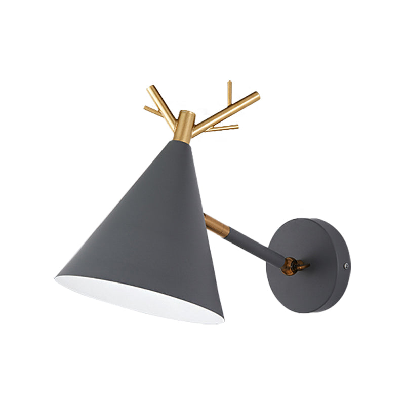 Simple Cone Wall Light Fixture 1 Head Wall Lighting Idea with Metal Antler Decoration in Grey/White/Green for Bedside Clearhalo 'Cast Iron' 'Glass' 'Industrial' 'Modern wall lights' 'Modern' 'Tiffany' 'Traditional wall lights' 'Vanity Lights' 'Wall Lights' Lighting' 380926