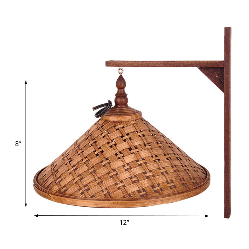 Conical Bamboo Sconce Light Chinese 1 Bulb Brown Wall Mount Lighting for Stairway Clearhalo 'Wall Lamps & Sconces' 'Wall Lights' Lighting' 380936