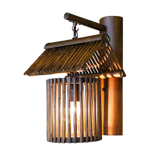 1 Bulb House Sconce Light Asian Bamboo Wall Mounted Lamp in Dark Coffee/Khaki with Half-Cylinder Backplate Clearhalo 'Wall Lamps & Sconces' 'Wall Lights' Lighting' 380940