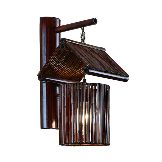 1 Bulb House Sconce Light Asian Bamboo Wall Mounted Lamp in Dark Coffee/Khaki with Half-Cylinder Backplate Clearhalo 'Wall Lamps & Sconces' 'Wall Lights' Lighting' 380943