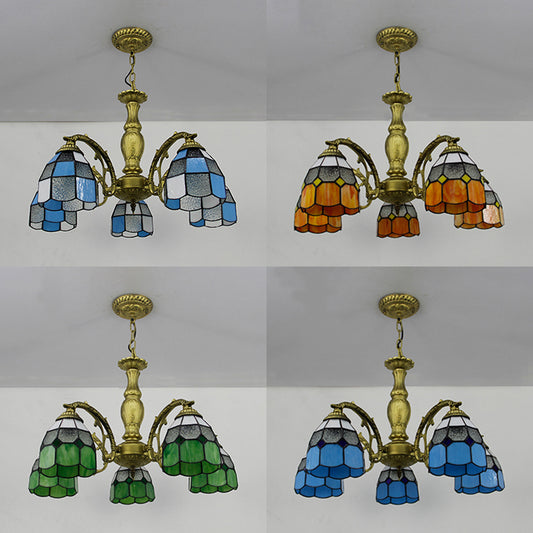 5 Lights Dome Suspension Light Adjustable Stained Glass Tiffany Chandelier Lamp in Orange/Green/Clear/Blue for Foyer Clearhalo 'Ceiling Lights' 'Chandeliers' 'Clear' 'Industrial' 'Middle Century Chandeliers' 'Modern' 'Tiffany Chandeliers' 'Tiffany close to ceiling' 'Tiffany' 'Traditional Chandeliers' Lighting' 38094