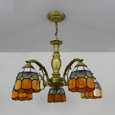 5 Lights Dome Suspension Light Adjustable Stained Glass Tiffany Chandelier Lamp in Orange/Green/Clear/Blue for Foyer Orange Clearhalo 'Ceiling Lights' 'Chandeliers' 'Clear' 'Industrial' 'Middle Century Chandeliers' 'Modern' 'Tiffany Chandeliers' 'Tiffany close to ceiling' 'Tiffany' 'Traditional Chandeliers' Lighting' 38097