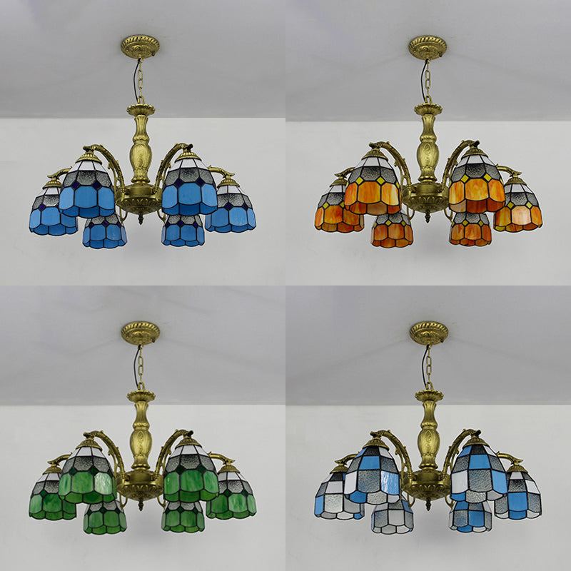 Stained Glass Dome Hanging Ceiling Light Vintage 6 Lights Ceiling Chandelier in Orange/Blue/Green/Clear Clearhalo 'Ceiling Lights' 'Chandeliers' 'Clear' 'Industrial' 'Middle Century Chandeliers' 'Modern' 'Tiffany Chandeliers' 'Tiffany close to ceiling' 'Tiffany' 'Traditional Chandeliers' Lighting' 38106