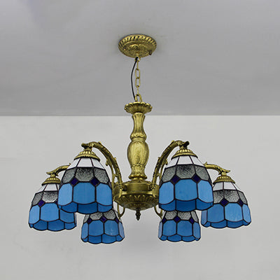Stained Glass Dome Hanging Ceiling Light Vintage 6 Lights Ceiling Chandelier in Orange/Blue/Green/Clear Blue Clearhalo 'Ceiling Lights' 'Chandeliers' 'Clear' 'Industrial' 'Middle Century Chandeliers' 'Modern' 'Tiffany Chandeliers' 'Tiffany close to ceiling' 'Tiffany' 'Traditional Chandeliers' Lighting' 38107