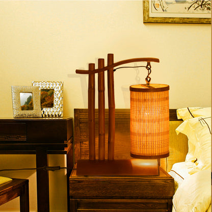 Bamboo Barrel Desk Lamp Chinese 1 Head Red Brown Task Light with Half-Cylinder Base Red Brown Clearhalo 'Lamps' 'Table Lamps' Lighting' 381073