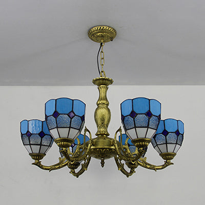 Stained Glass Dome Hanging Ceiling Light Vintage 6 Lights Ceiling Chandelier in Orange/Blue/Green/Clear Clearhalo 'Ceiling Lights' 'Chandeliers' 'Clear' 'Industrial' 'Middle Century Chandeliers' 'Modern' 'Tiffany Chandeliers' 'Tiffany close to ceiling' 'Tiffany' 'Traditional Chandeliers' Lighting' 38108