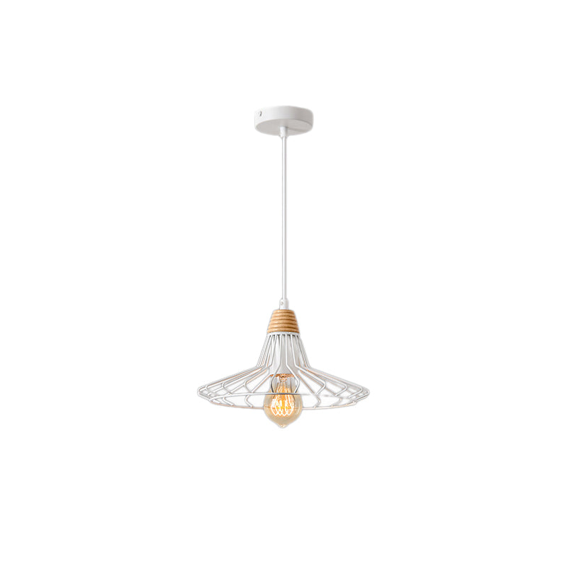 1-Light Flared Wire Cage Hanging Lamp Vintage Black/White Wrought Iron Pendant Light Fixture with Wooden Cap for Restaurant Clearhalo 'Art Deco Pendants' 'Black' 'Cast Iron' 'Ceiling Lights' 'Ceramic' 'Crystal' 'Industrial Pendants' 'Industrial' 'Metal' 'Middle Century Pendants' 'Pendant Lights' 'Pendants' 'Rustic Pendants' 'Tiffany' Lighting' 381097