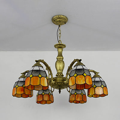 Stained Glass Dome Hanging Ceiling Light Vintage 6 Lights Ceiling Chandelier in Orange/Blue/Green/Clear Orange Clearhalo 'Ceiling Lights' 'Chandeliers' 'Clear' 'Industrial' 'Middle Century Chandeliers' 'Modern' 'Tiffany Chandeliers' 'Tiffany close to ceiling' 'Tiffany' 'Traditional Chandeliers' Lighting' 38110