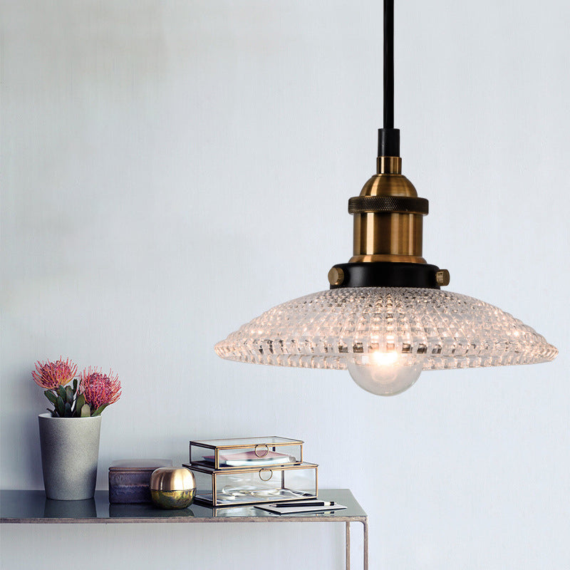 Grid Glass Brass Ceiling Light Bowl/Dome/Saucer Shade 1-Light Industrial Hanging Light Fixture for Kitchen Clearhalo 'Ceiling Lights' 'Glass shade' 'Glass' 'Industrial Pendants' 'Industrial' 'Middle Century Pendants' 'Pendant Lights' 'Pendants' 'Tiffany' Lighting' 381106