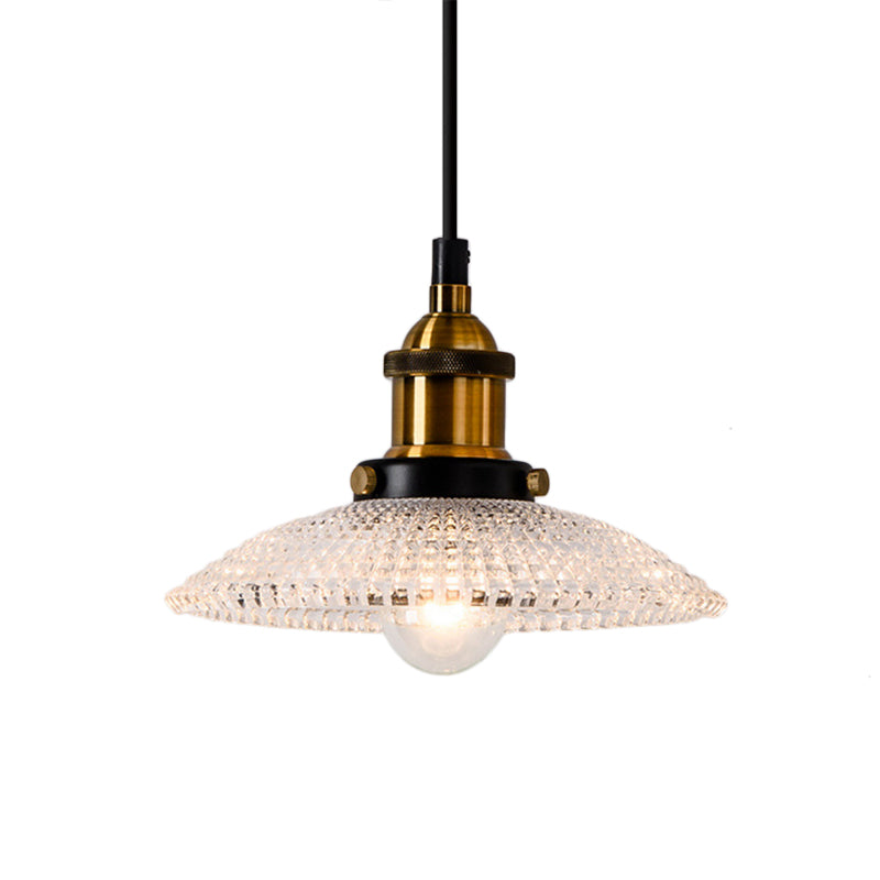 Grid Glass Brass Ceiling Light Bowl/Dome/Saucer Shade 1-Light Industrial Hanging Light Fixture for Kitchen Clearhalo 'Ceiling Lights' 'Glass shade' 'Glass' 'Industrial Pendants' 'Industrial' 'Middle Century Pendants' 'Pendant Lights' 'Pendants' 'Tiffany' Lighting' 381107