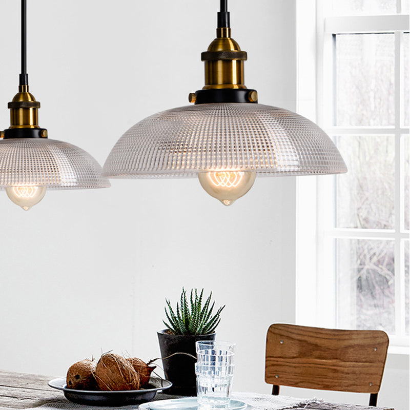 Grid Glass Brass Ceiling Light Bowl/Dome/Saucer Shade 1-Light Industrial Hanging Light Fixture for Kitchen Brass Bowl Clearhalo 'Ceiling Lights' 'Glass shade' 'Glass' 'Industrial Pendants' 'Industrial' 'Middle Century Pendants' 'Pendant Lights' 'Pendants' 'Tiffany' Lighting' 381109