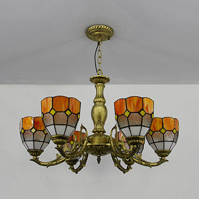 Stained Glass Dome Hanging Ceiling Light Vintage 6 Lights Ceiling Chandelier in Orange/Blue/Green/Clear Clearhalo 'Ceiling Lights' 'Chandeliers' 'Clear' 'Industrial' 'Middle Century Chandeliers' 'Modern' 'Tiffany Chandeliers' 'Tiffany close to ceiling' 'Tiffany' 'Traditional Chandeliers' Lighting' 38111