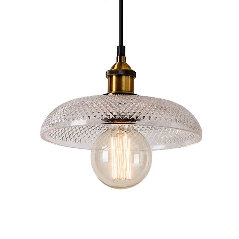 Grid Glass Brass Ceiling Light Bowl/Dome/Saucer Shade 1-Light Industrial Hanging Light Fixture for Kitchen Clearhalo 'Ceiling Lights' 'Glass shade' 'Glass' 'Industrial Pendants' 'Industrial' 'Middle Century Pendants' 'Pendant Lights' 'Pendants' 'Tiffany' Lighting' 381115