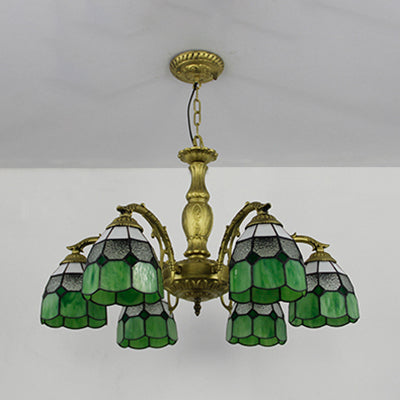 Stained Glass Dome Hanging Ceiling Light Vintage 6 Lights Ceiling Chandelier in Orange/Blue/Green/Clear Green Clearhalo 'Ceiling Lights' 'Chandeliers' 'Clear' 'Industrial' 'Middle Century Chandeliers' 'Modern' 'Tiffany Chandeliers' 'Tiffany close to ceiling' 'Tiffany' 'Traditional Chandeliers' Lighting' 38113