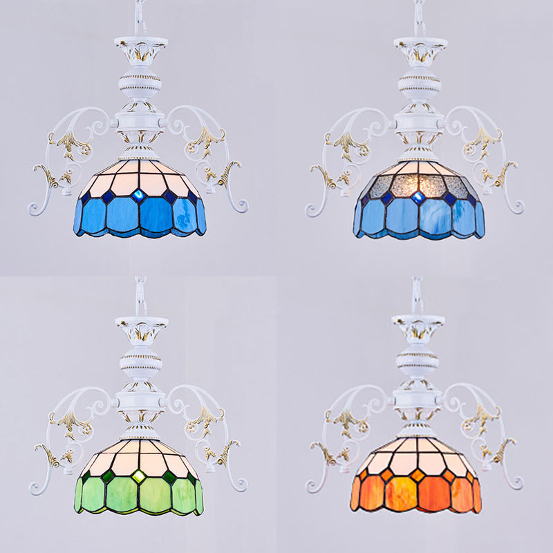 1 Light Semi Globe Ceiling Light with Adjustable Chain Tiffany Stained Glass Pendant Lighting in Yellow/Orange/Blue/Green/Blue-Clear Clearhalo 'Ceiling Lights' 'Chandeliers' 'Industrial' 'Middle Century Chandeliers' 'Tiffany Chandeliers' 'Tiffany close to ceiling' 'Tiffany' Lighting' 38127