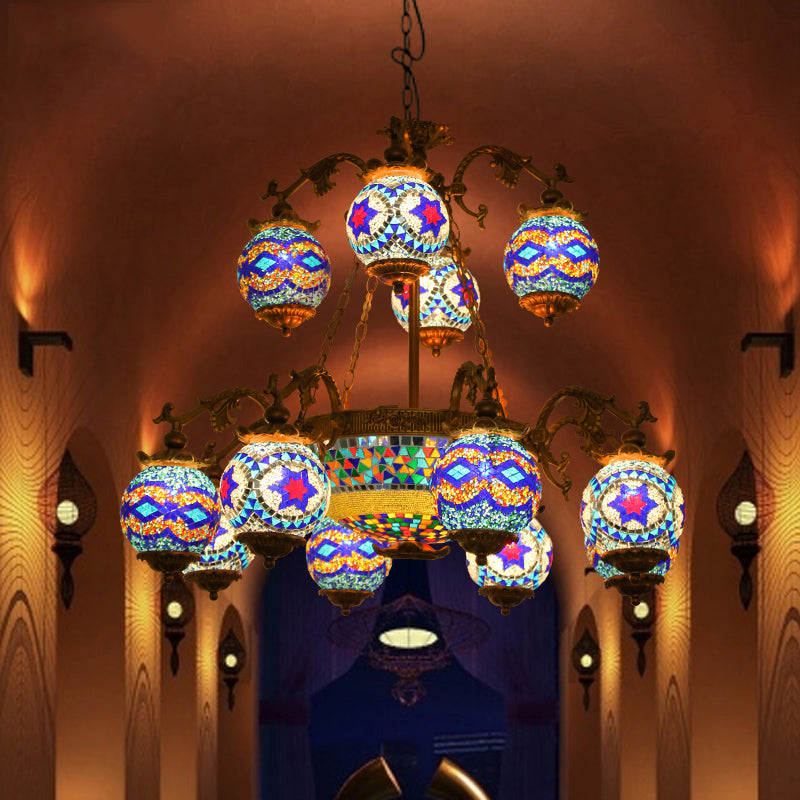 4/9/13 Bulbs Chandelier Lighting Traditional Radial Stained Glass Ceiling Hang Fixture in Brass with Round Canopy Clearhalo 'Ceiling Lights' 'Chandeliers' Lighting' options 381275