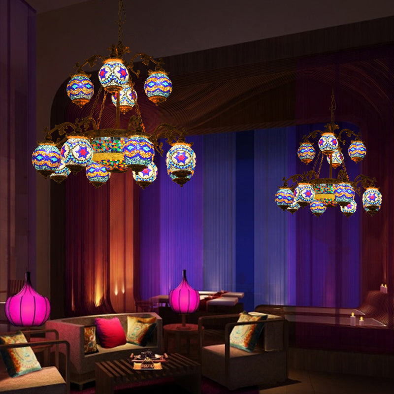 4/9/13 Bulbs Chandelier Lighting Traditional Radial Stained Glass Ceiling Hang Fixture in Brass with Round Canopy Clearhalo 'Ceiling Lights' 'Chandeliers' Lighting' options 381276