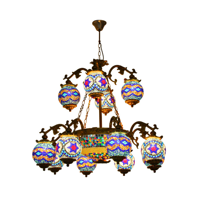 4/9/13 Bulbs Chandelier Lighting Traditional Radial Stained Glass Ceiling Hang Fixture in Brass with Round Canopy Clearhalo 'Ceiling Lights' 'Chandeliers' Lighting' options 381277
