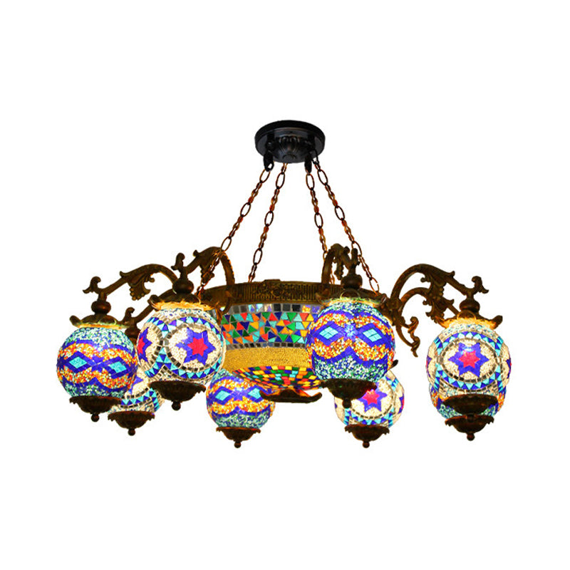 4/9/13 Bulbs Chandelier Lighting Traditional Radial Stained Glass Ceiling Hang Fixture in Brass with Round Canopy Clearhalo 'Ceiling Lights' 'Chandeliers' Lighting' options 381279