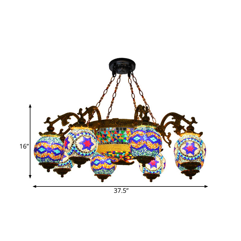 4/9/13 Bulbs Chandelier Lighting Traditional Radial Stained Glass Ceiling Hang Fixture in Brass with Round Canopy Clearhalo 'Ceiling Lights' 'Chandeliers' Lighting' options 381280