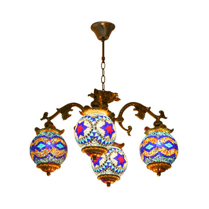 4/9/13 Bulbs Chandelier Lighting Traditional Radial Stained Glass Ceiling Hang Fixture in Brass with Round Canopy 4 Brass Clearhalo 'Ceiling Lights' 'Chandeliers' Lighting' options 381281_6e1b6d55-ce00-4eb2-bf31-c5f77f6384e1